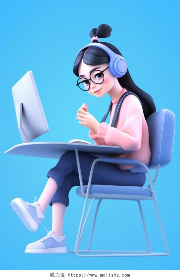 3D卡通一个戴着耳机工作的女孩AI插画